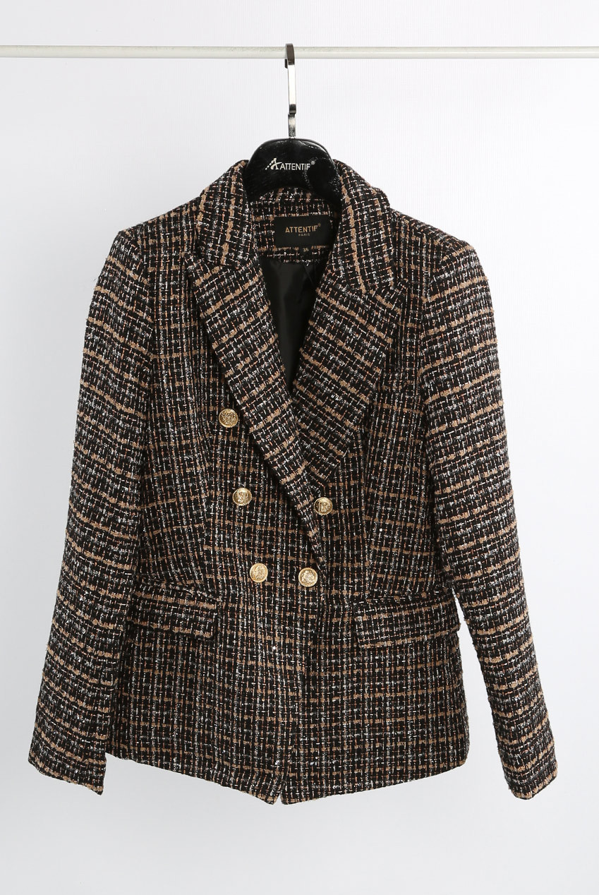 Double Breasted Frayed Checked Tweed Blazer