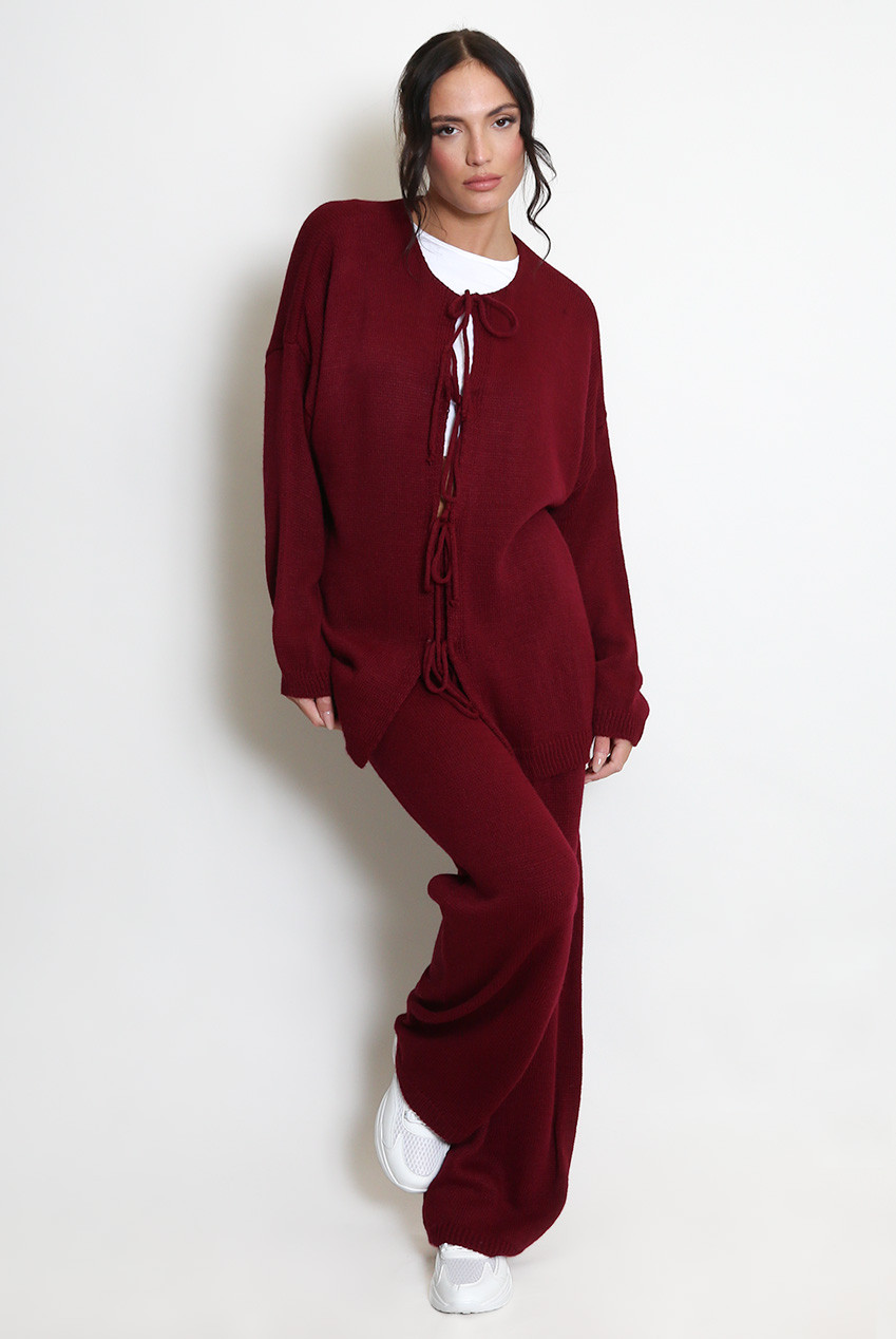 Deep Burgundy Button Up Structured Cardigan & Pleated Wide Leg Trouser Co-Ord Set main image 0