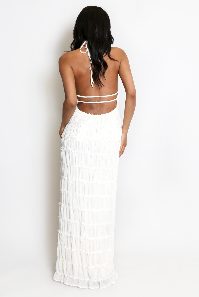 1310199 White Ruched Chiffon Maxi Dress