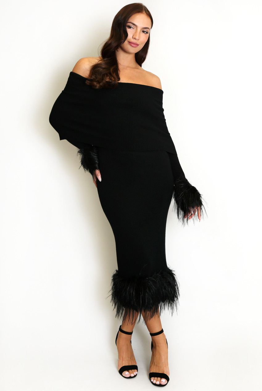 Fur Trim Bardot Midi Dress - Buy Fashion Wholesale in The UK