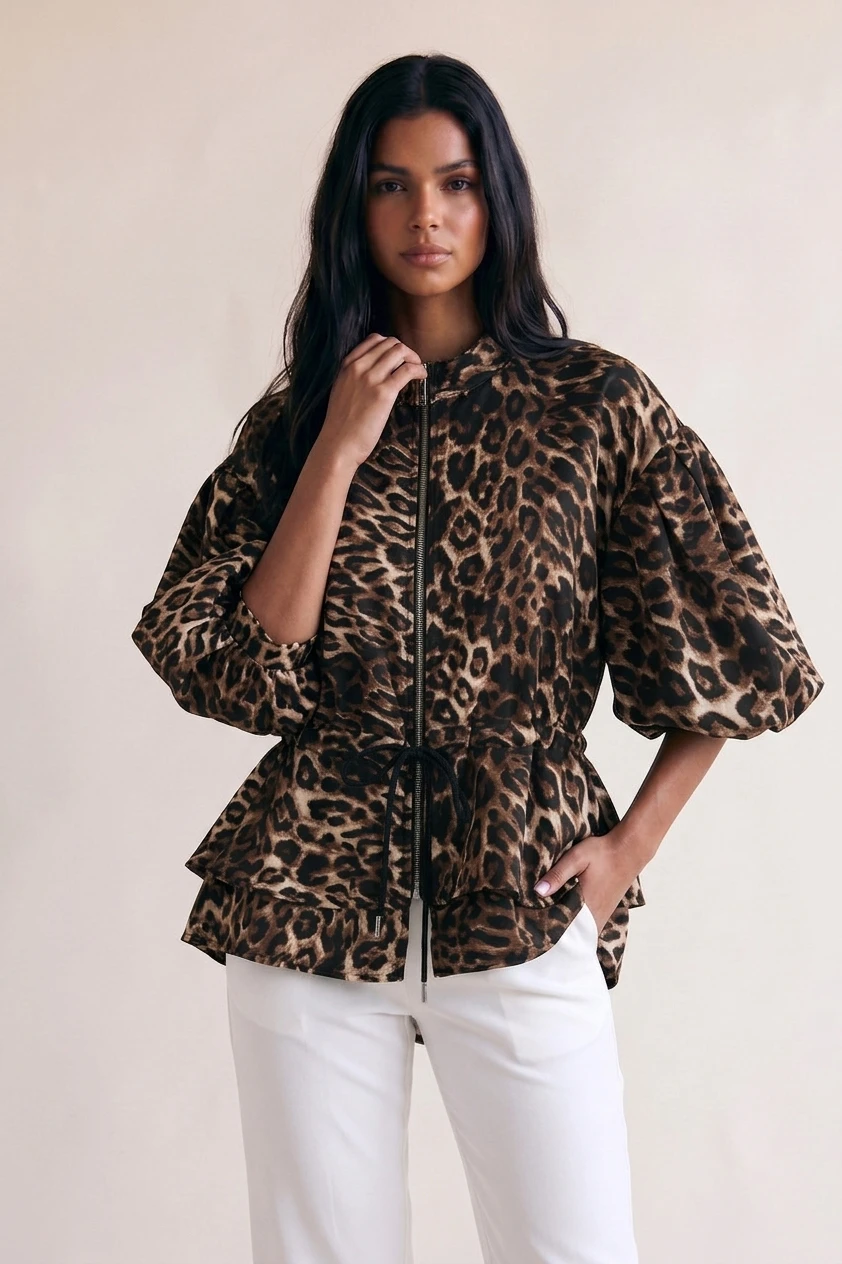 Leopard Balloon Sleeve Peplum Jacket