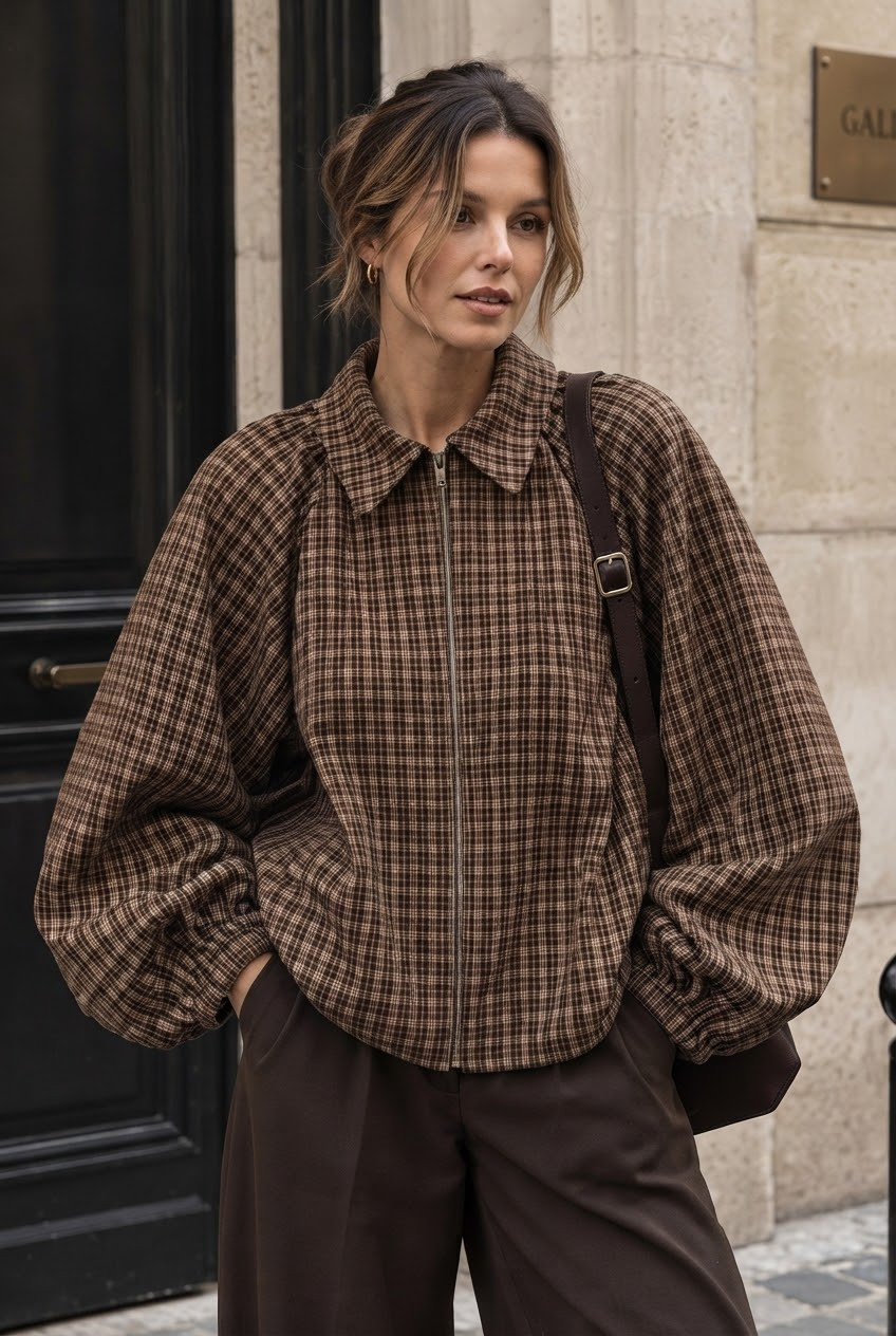 Brown Check Balloon Sleeve Jacket