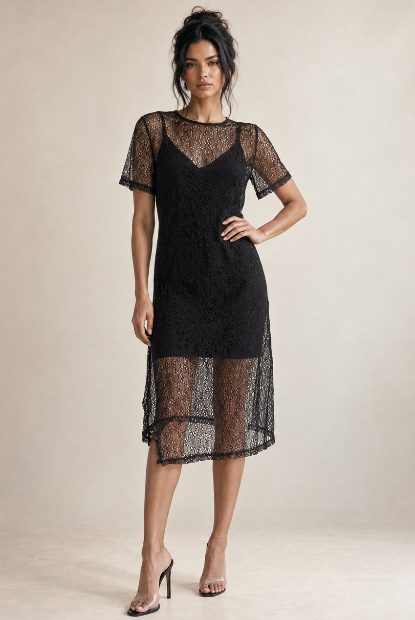Short Sleeve Lace Dress With Cami Underlay