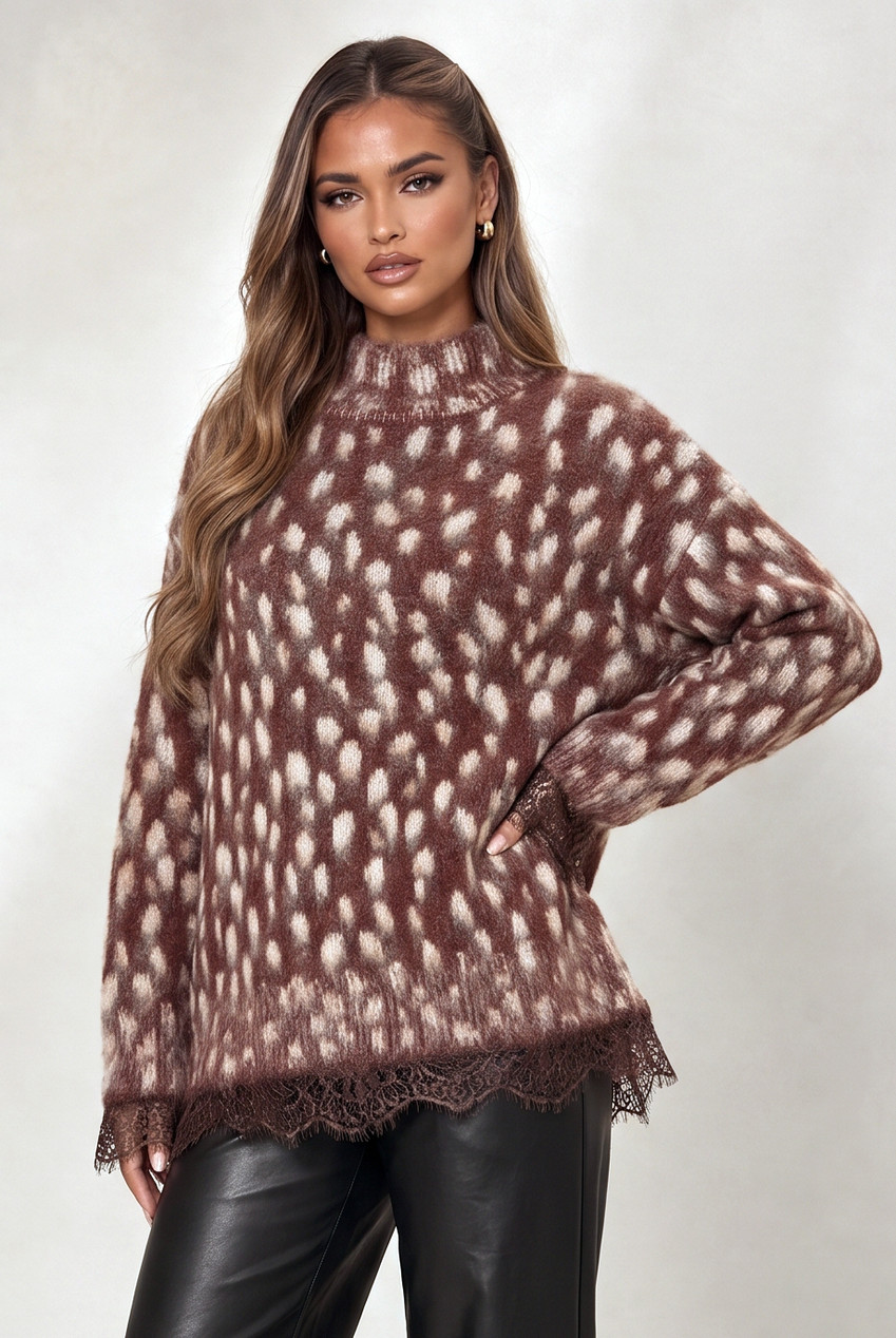 Deer Print High Neck Lace Trim Jumper 
