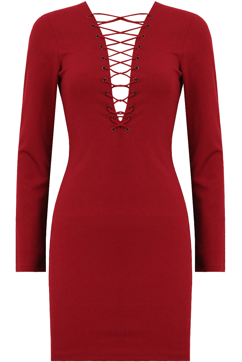 Wine Lace Up Plunge Long Sleeve Bodycon Dress - Buy Fashion Wholesale in  The UK