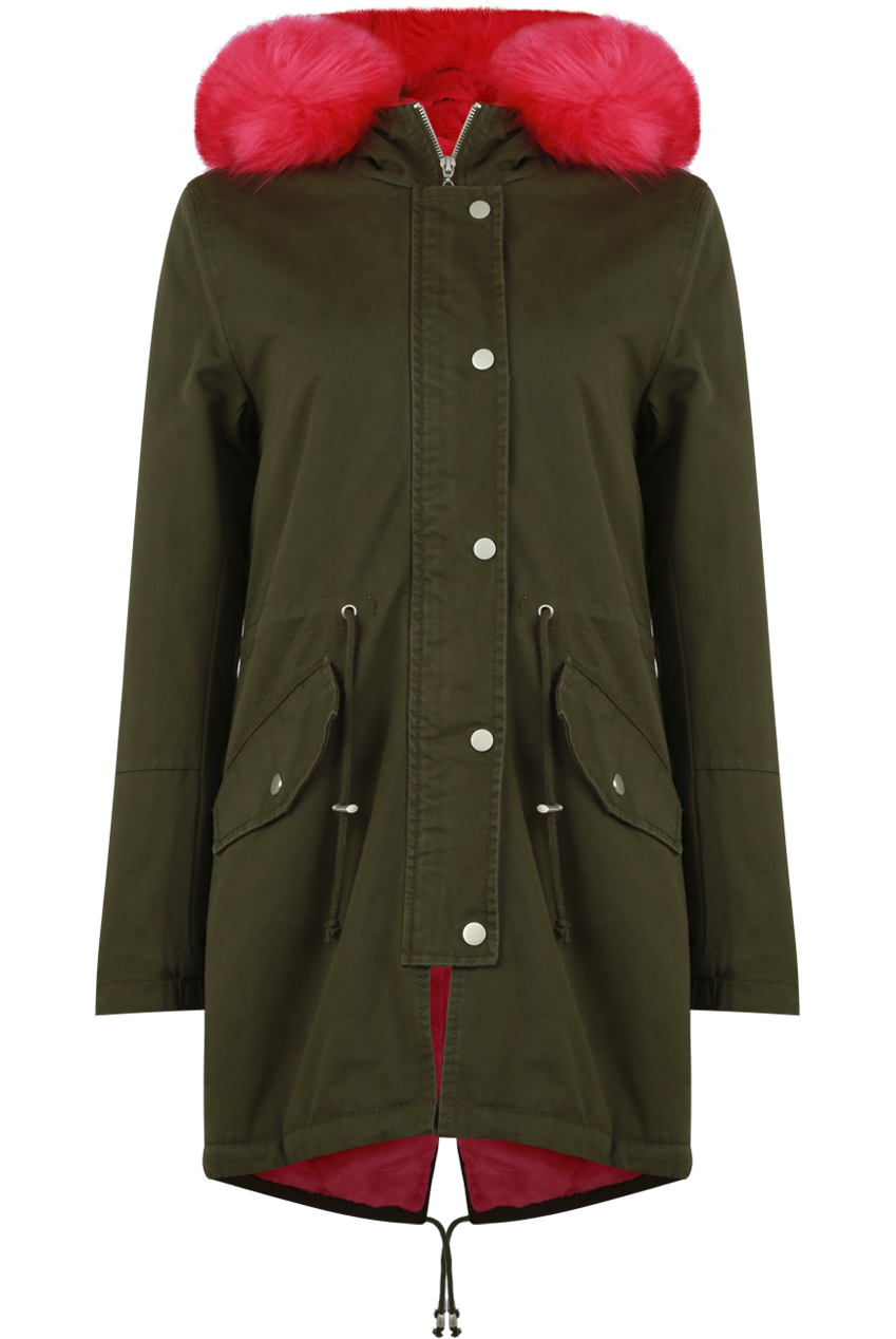 khaki parka with pink fur hood