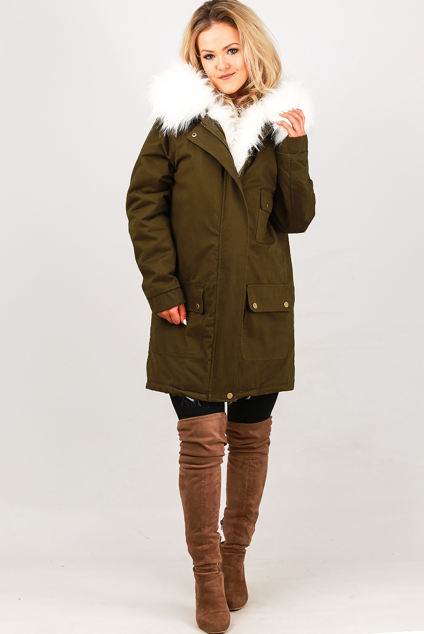 Khaki & White Fur Hood Fleece lined Parka Coats - Buy Fashion Wholesale ...