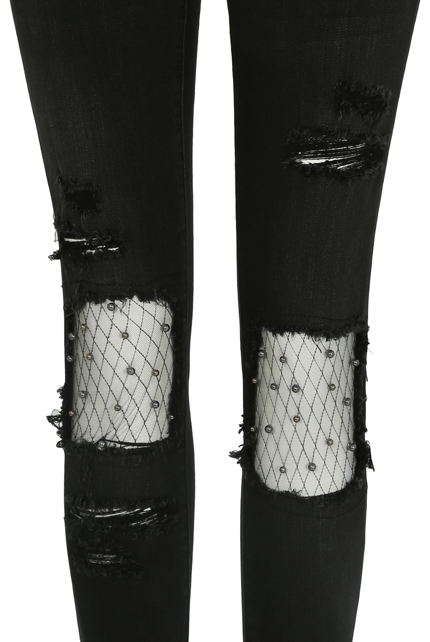 Black Fishnet Studs Trim Ripped Jeans 