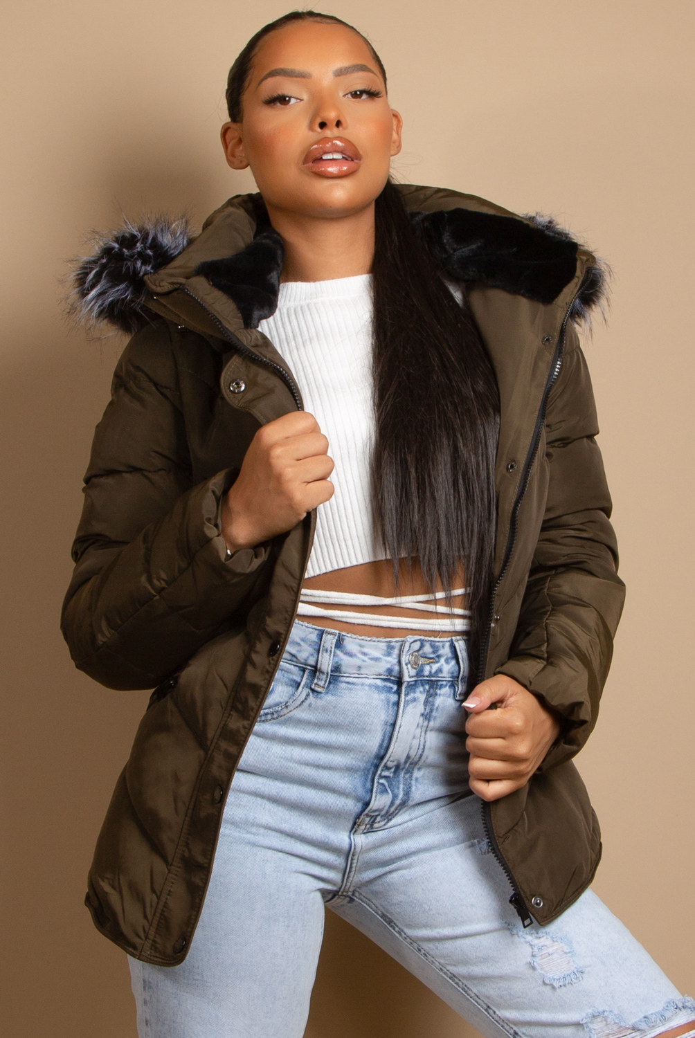 Faux fur store trim puffer coat