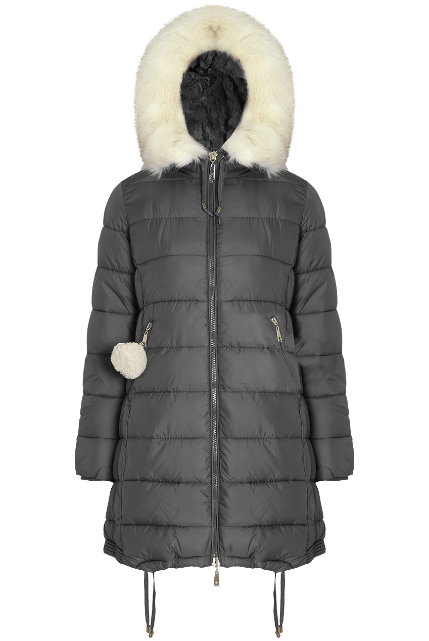 Thick Puffer Coat with Fur Trim Hood and Pom Poms, Grey