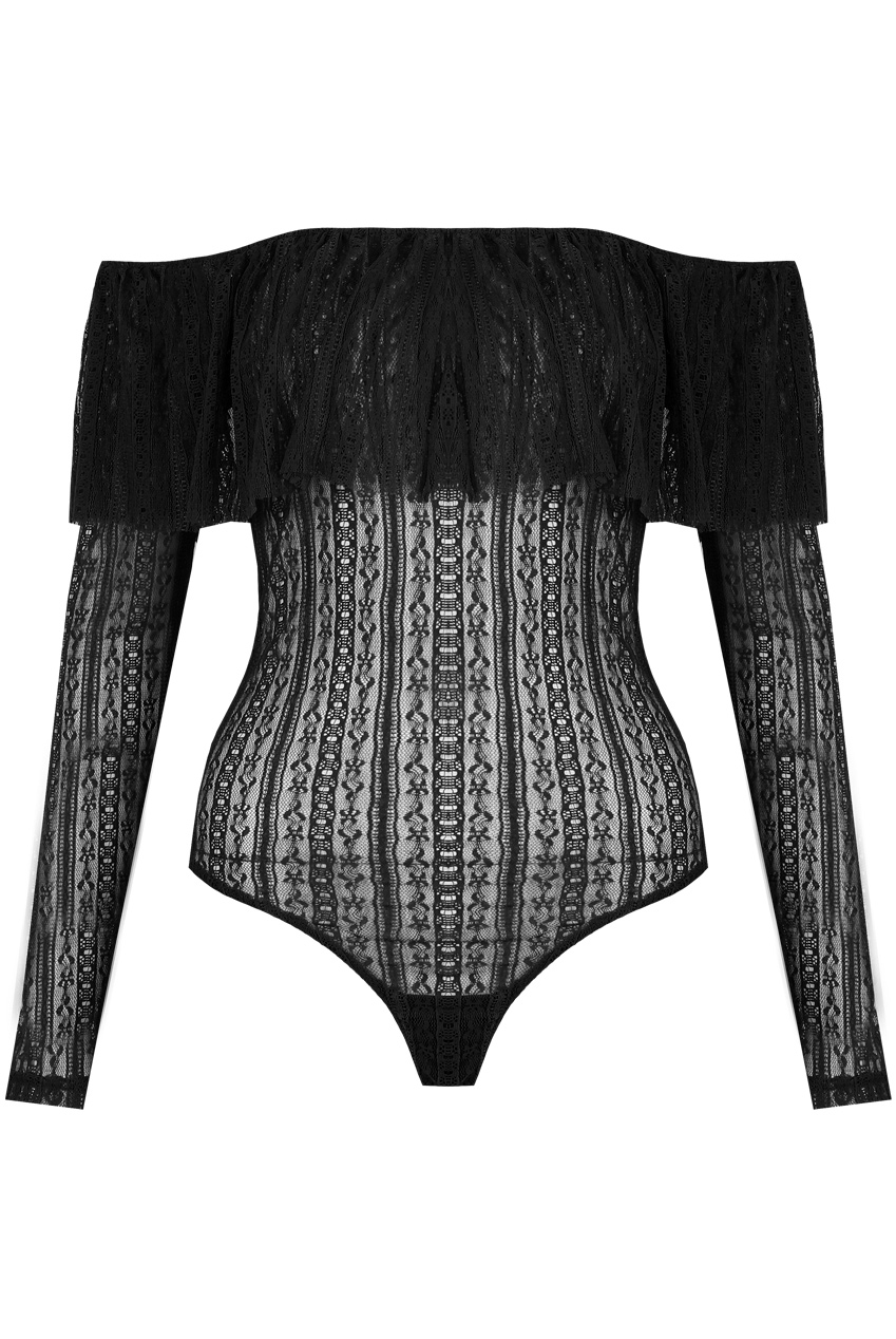 Lace Mesh Trim Frilled Bodysuit - Buy Fashion Wholesale in The UK