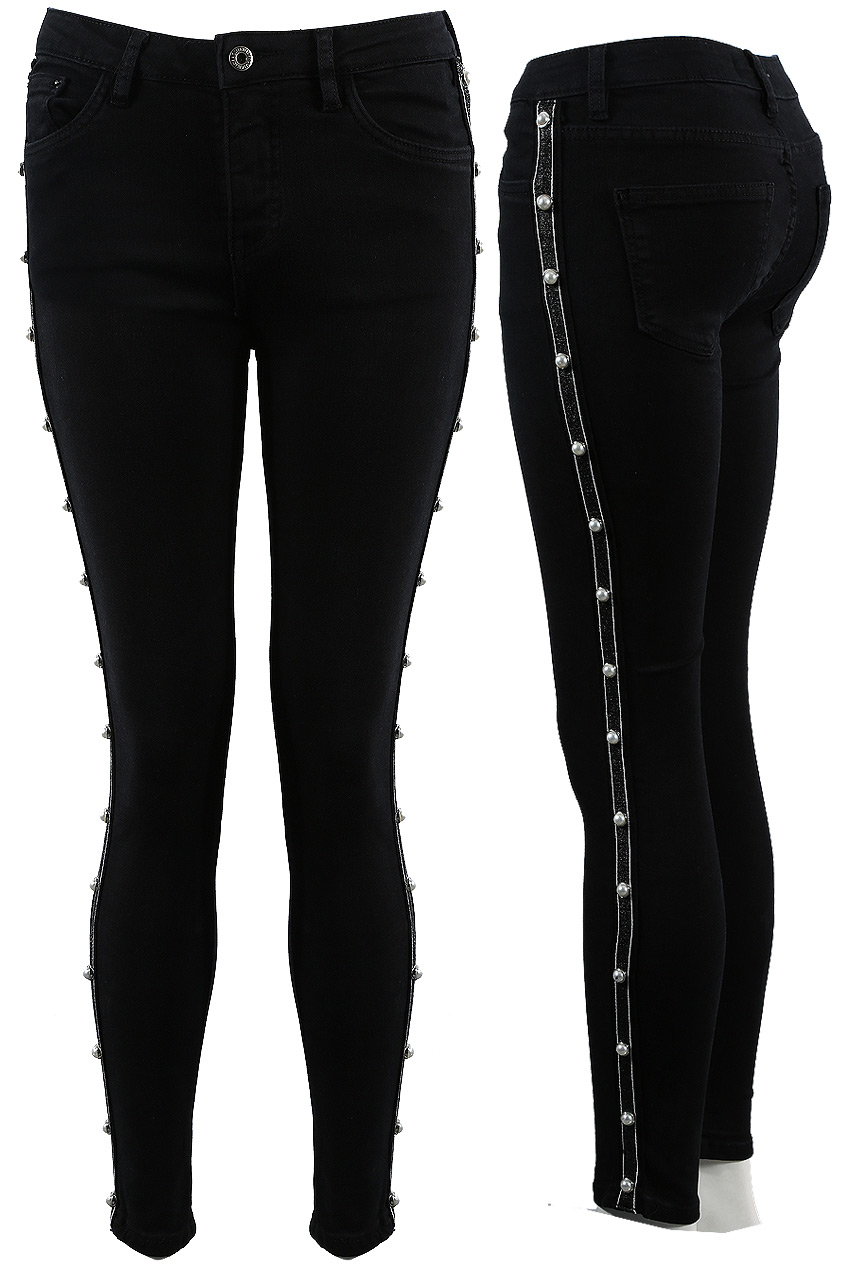 Denim Black Pearls Ribbon Trim Jeans Buy Fashion Wholesale in The UK