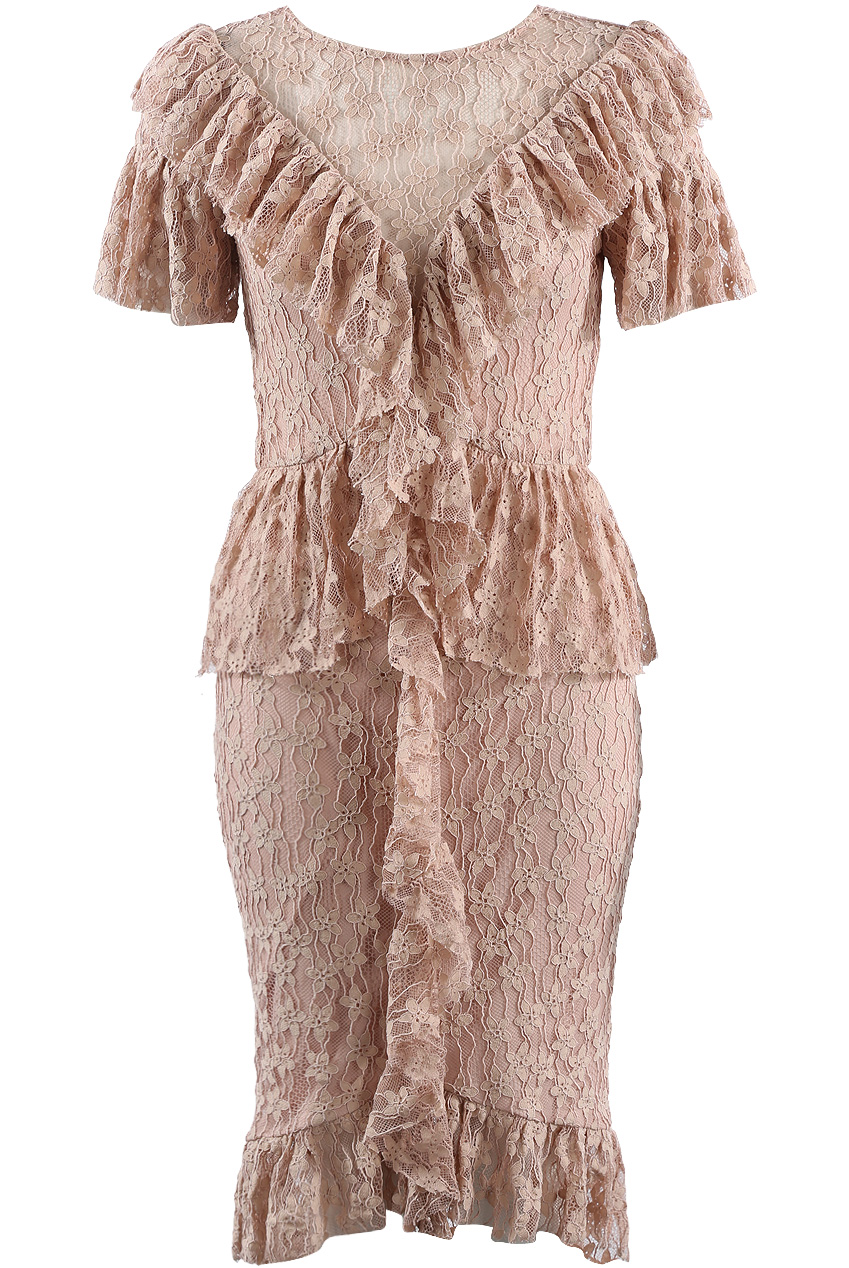 knee length dresses for ladies Champagne Floral Lace Long Sleeve Ruffle Hem Mini Dress