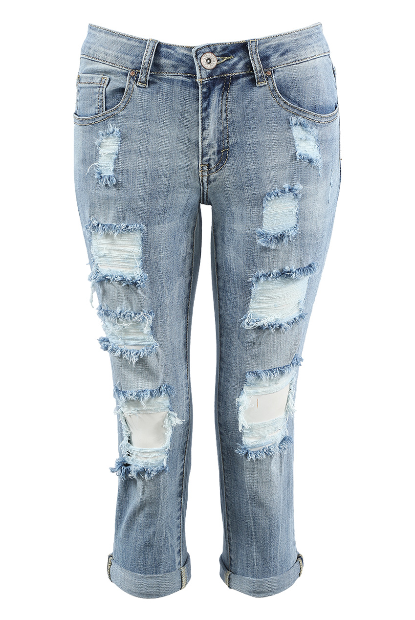 Mid Blue Ripped Denim Pedal Pushers 