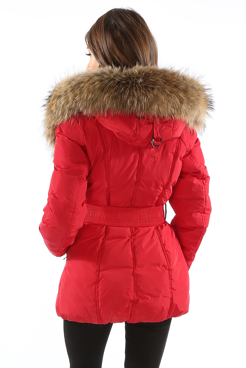 red womens parka with fur hood