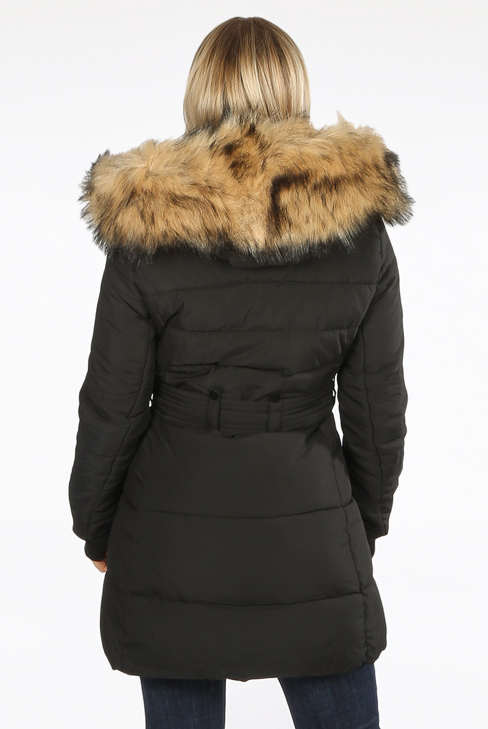 longline puffer jacket with fur hood