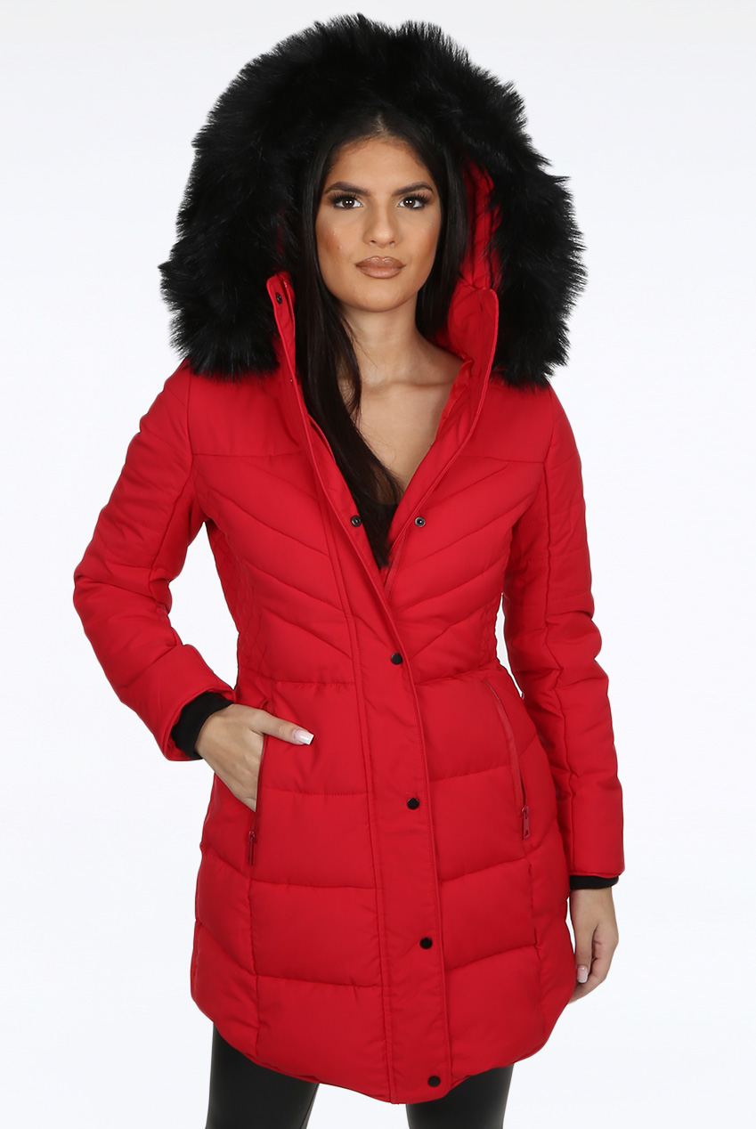 red bubble coat with fur hood