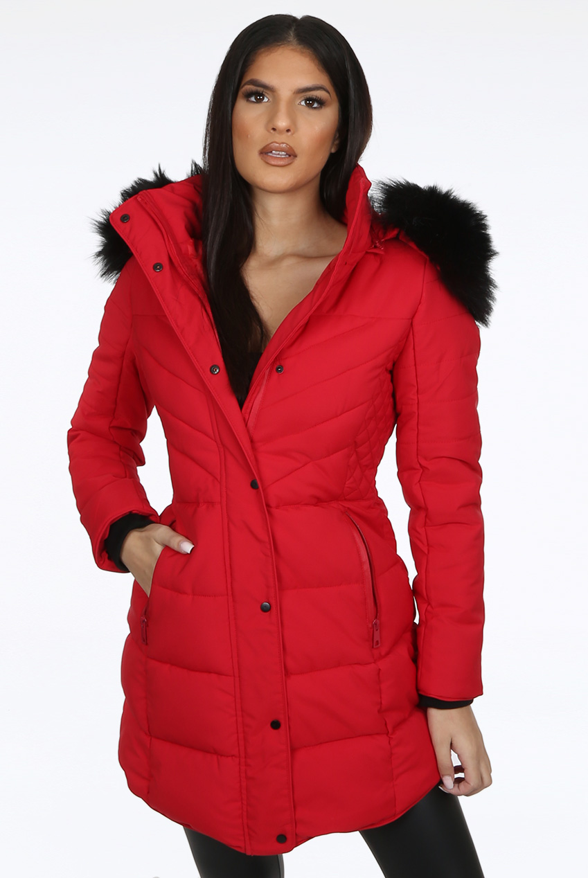 red parka with fur hood