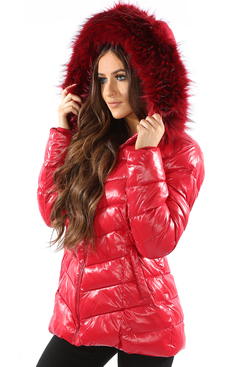 shiny red puffer jacket