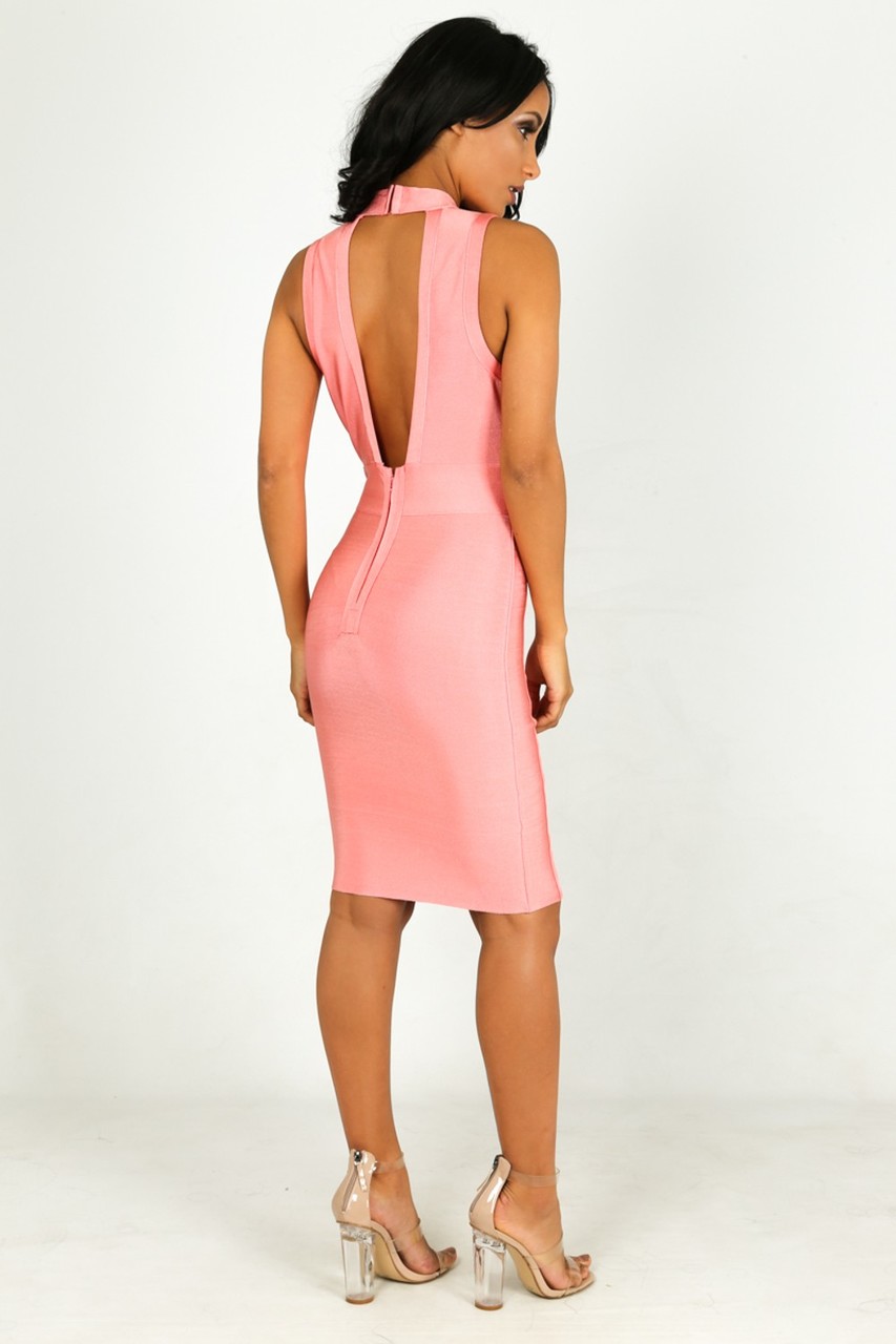 WOW Couture Junia Metal Trim Bandage Belted Plunge Dress Pink
