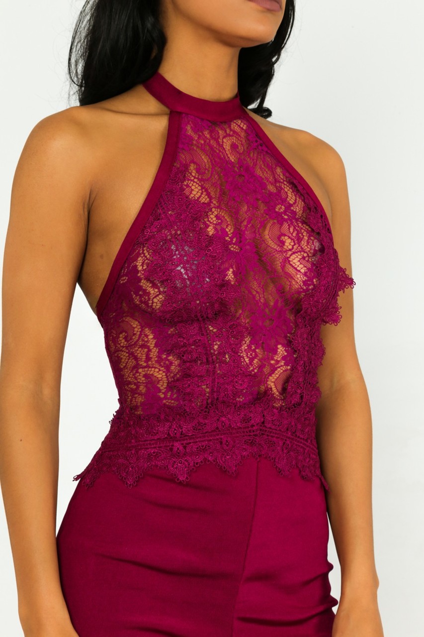 WOW Couture Dariela Sheer Lace Halterneck Bandage Jumpsuit In Plum