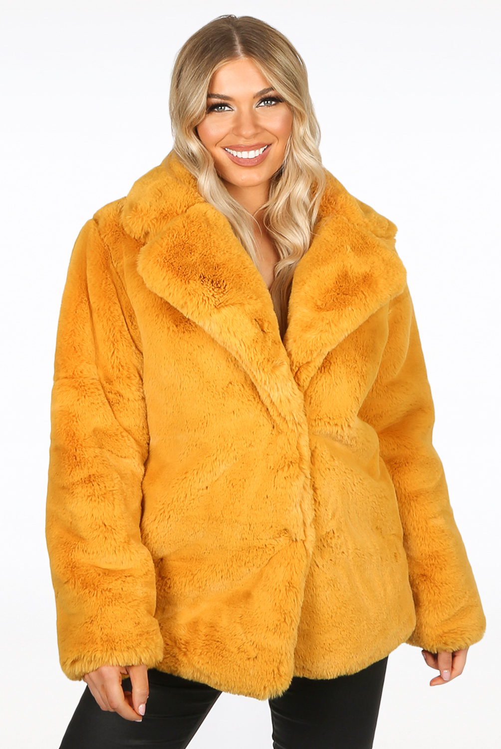 mustard faux fur coat