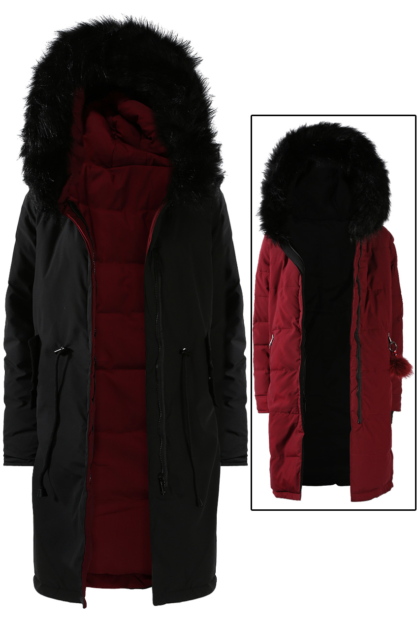 longline coat with fur hood