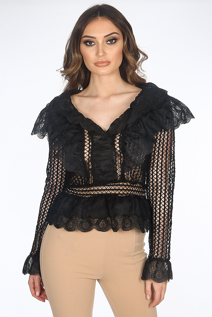 Lace Mesh Plunge Neck Blouse - Buy Fashion Wholesale in The UK