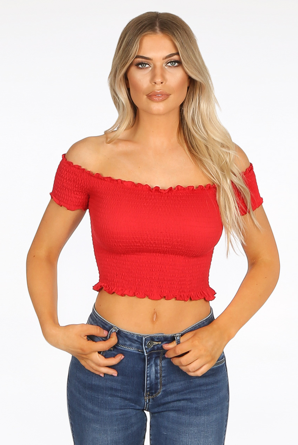 Shirred Jersey Bardot Crop Tops - Buy 