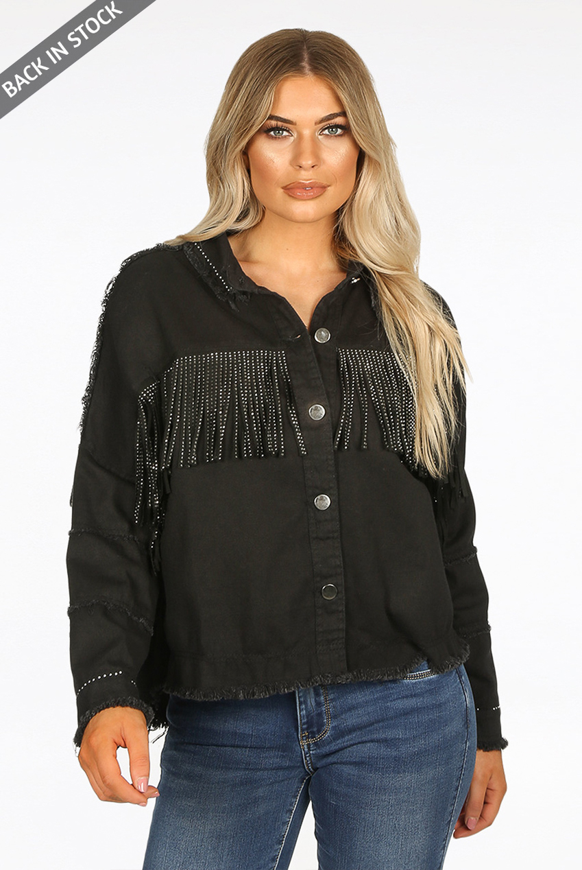 black denim jacket with tassels