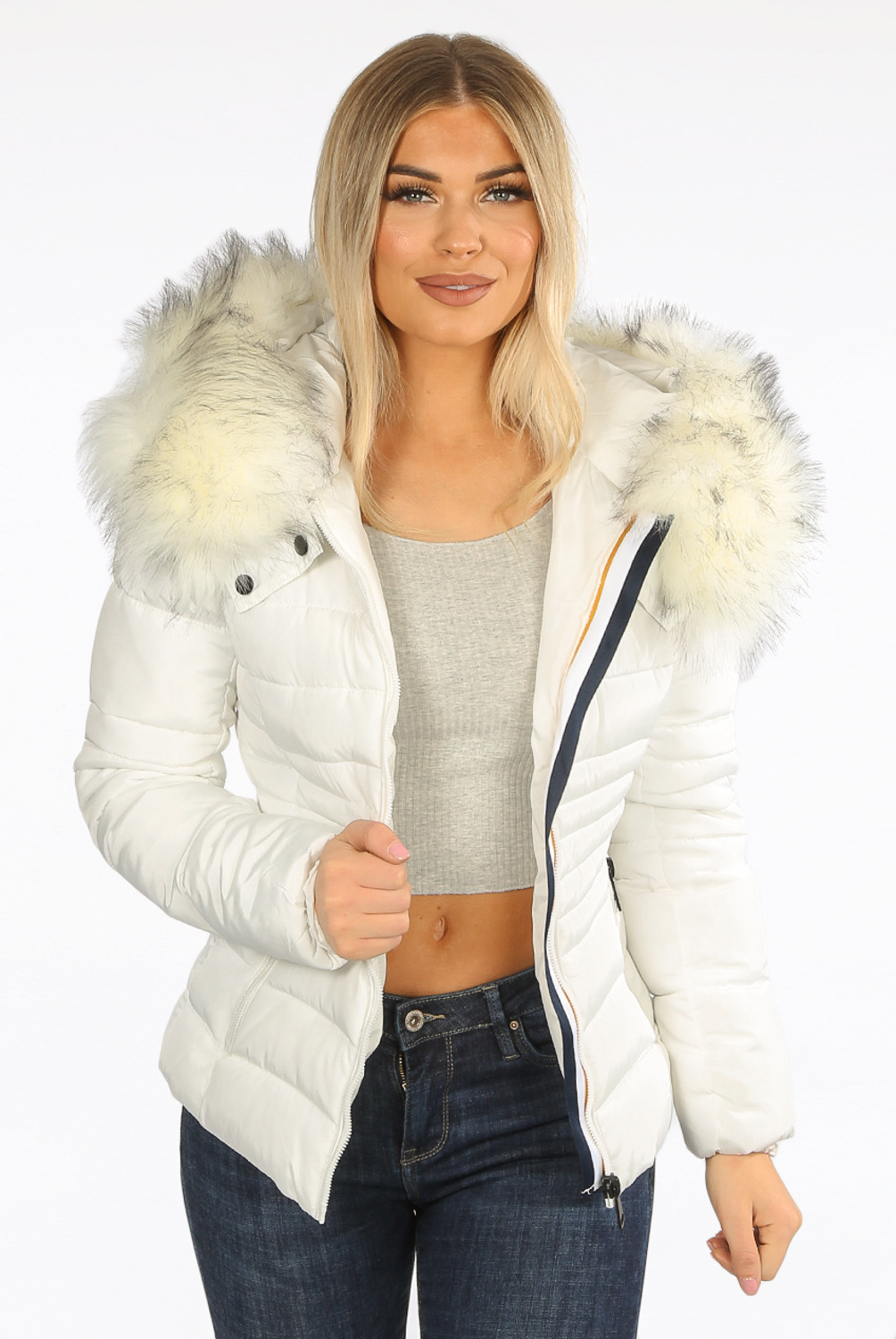 white bubble coat with fur hood