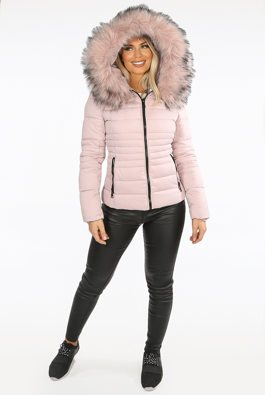 pink puffer jacket fur hood