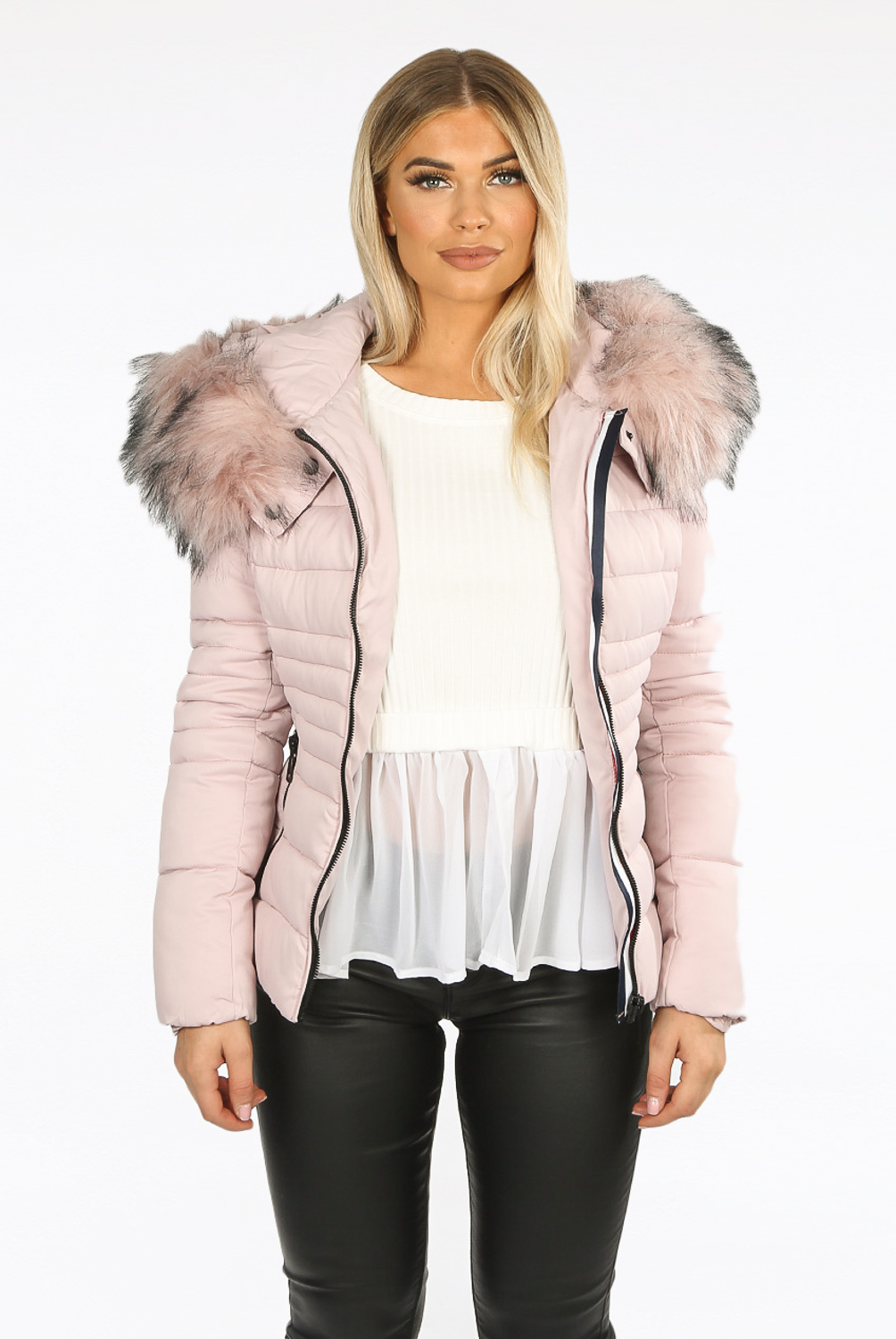 pink puffer jacket fur hood