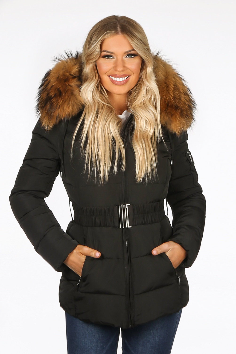 womens puffer coat with fur hood and belt