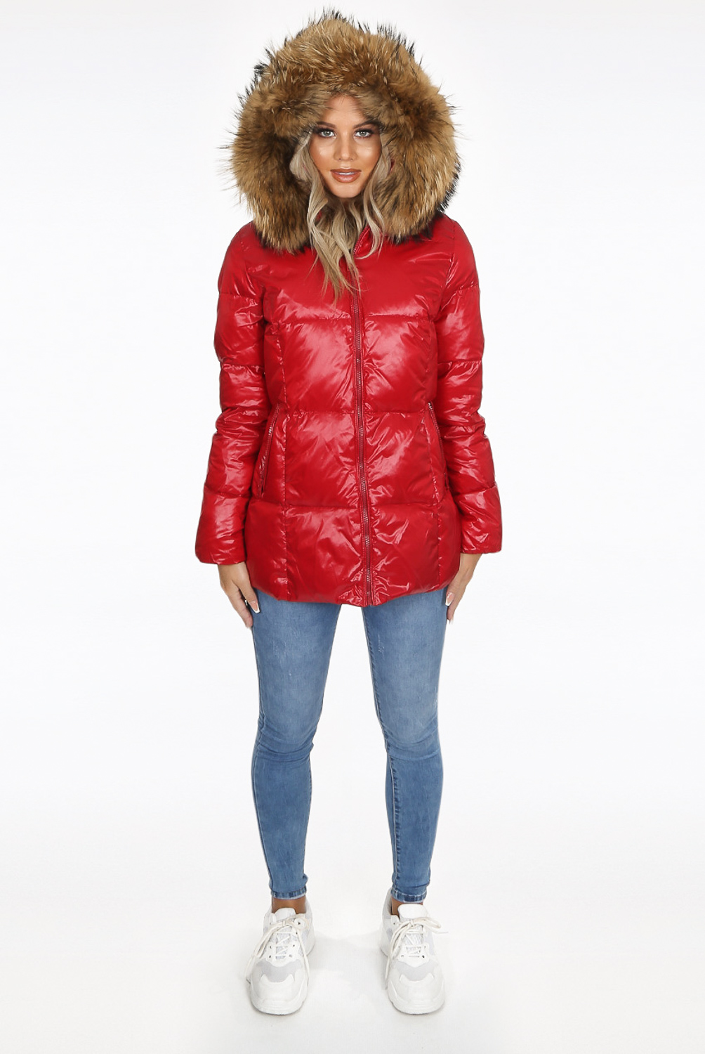 Natural Fur Hood Shiny Puffer Jackets 