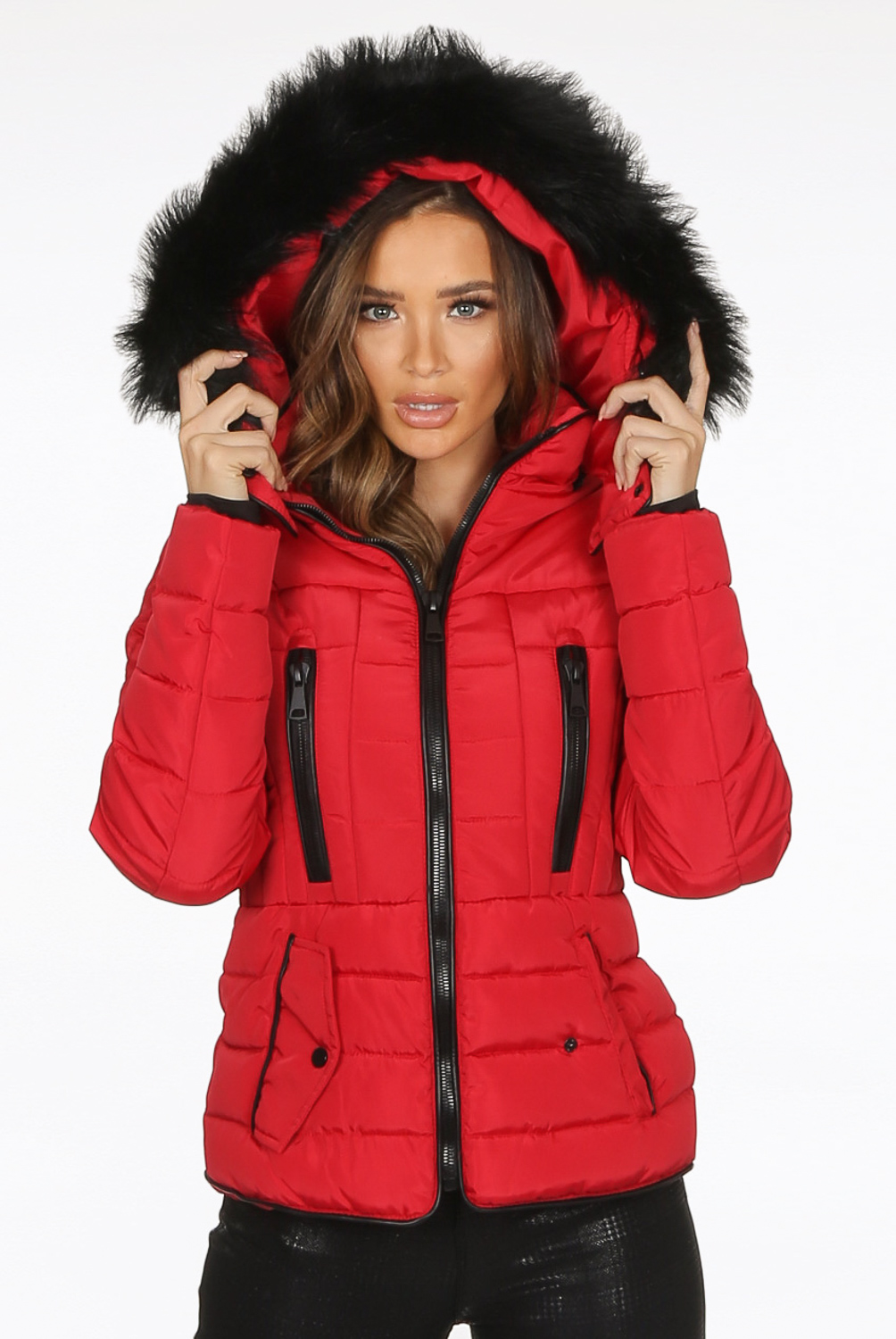 red puffer coat with faux fur hood