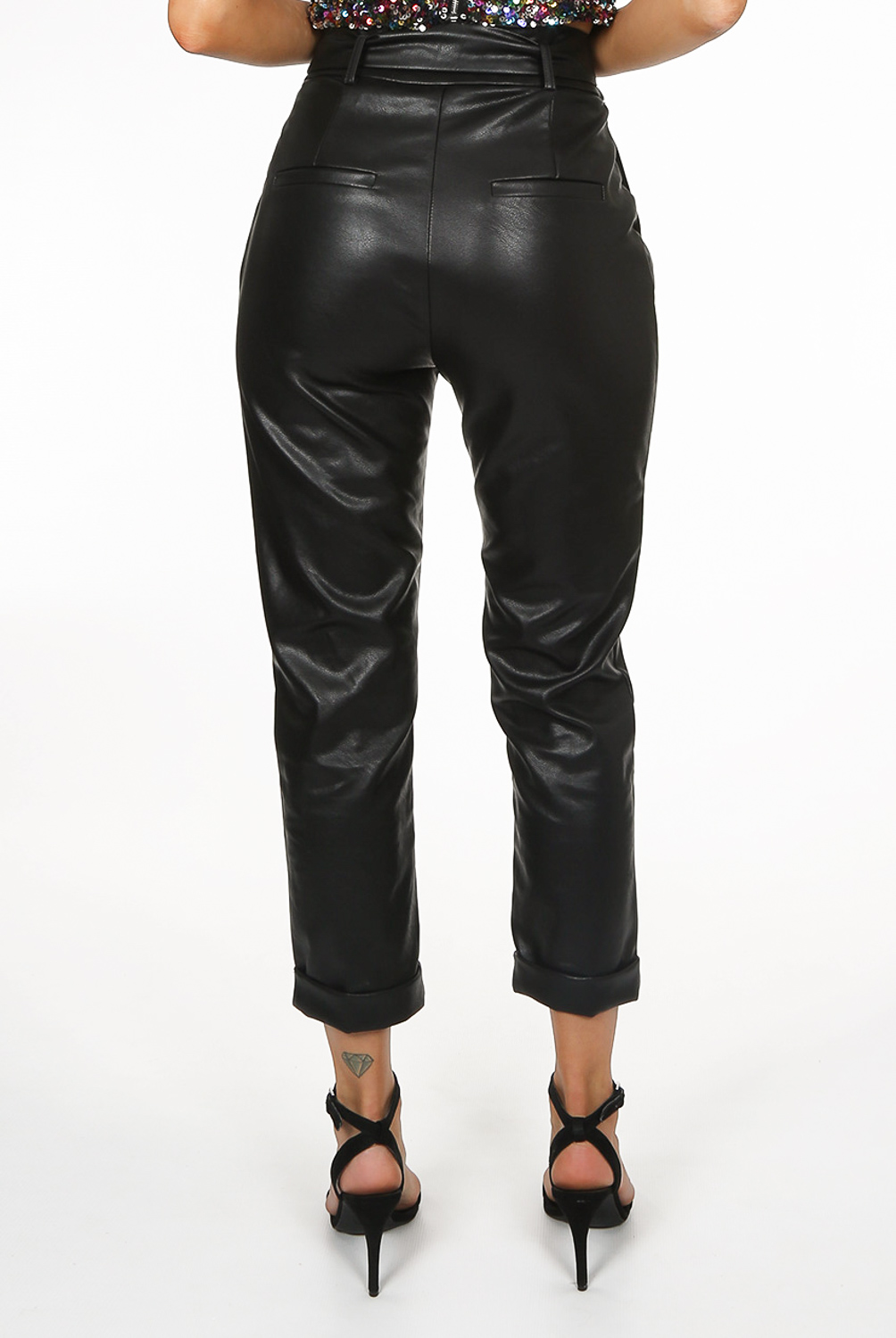 Black Faux Leather Tie Up Trousers- Buy 