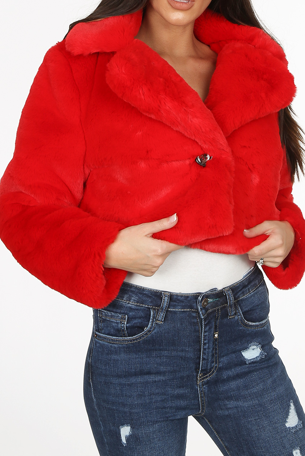 red fur cropped jacket