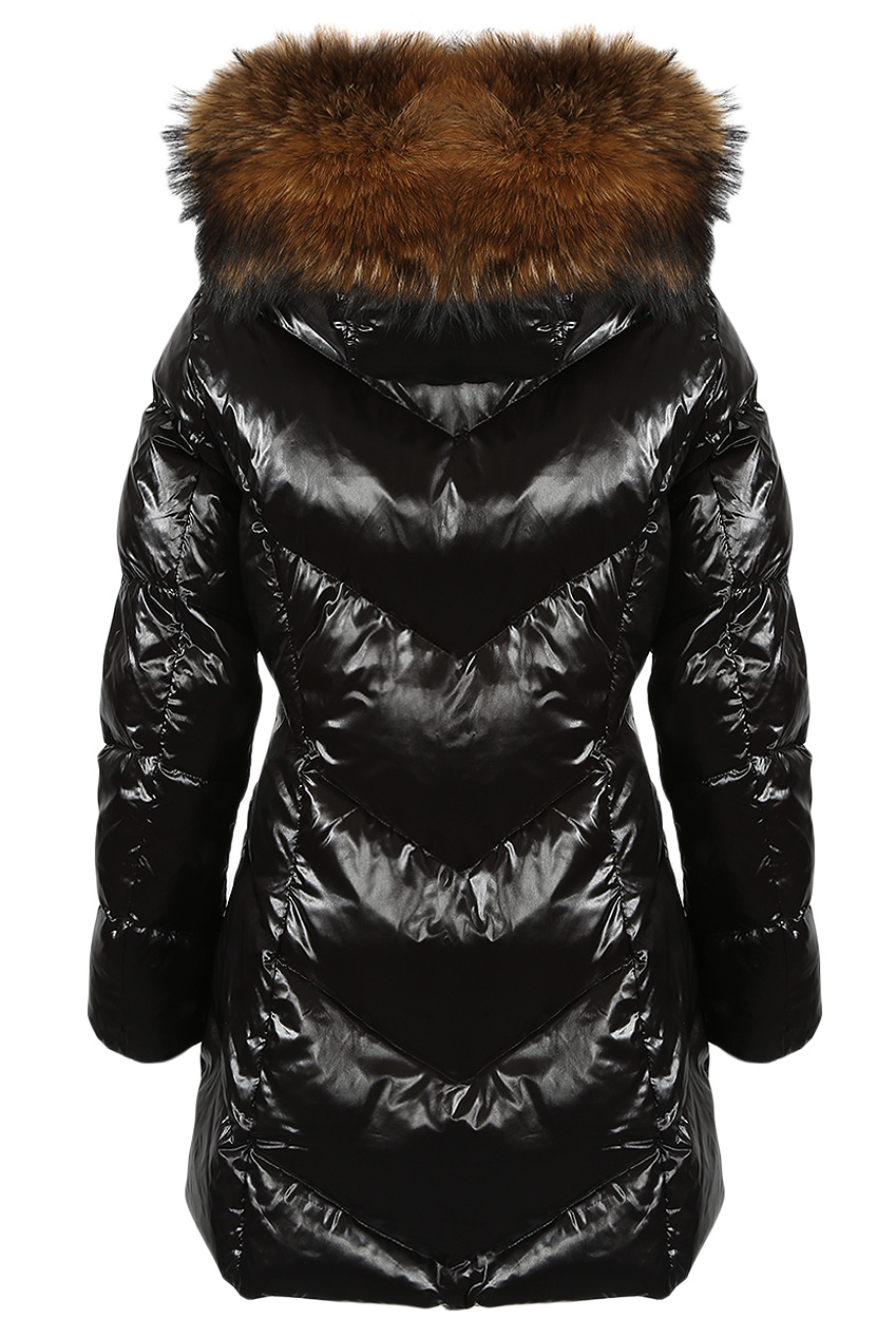 black shiny puffer coat with fur hood