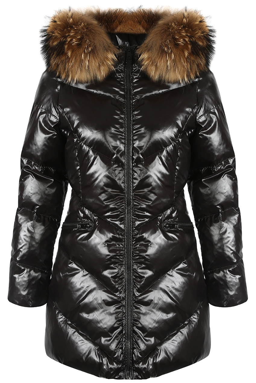 long black shiny coat with fur hood
