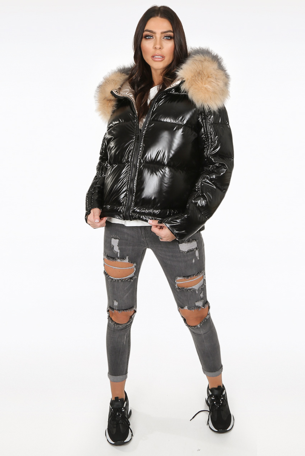 Shiny Fur Hood Puffer Jacket - Buy 