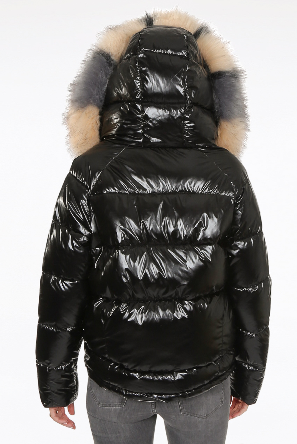 shiny black jacket with fur hood