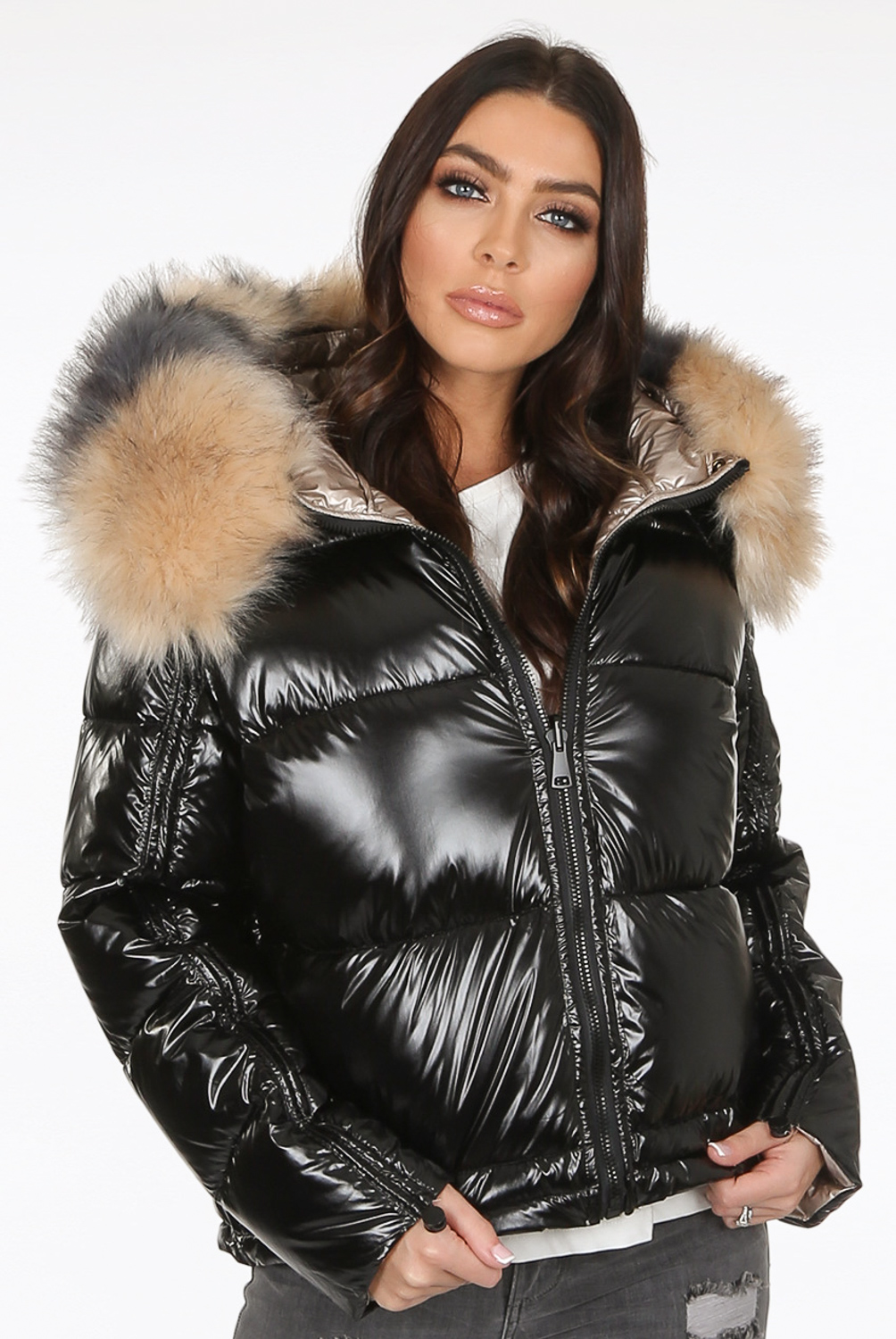 shiny puffer jacket with fur hood