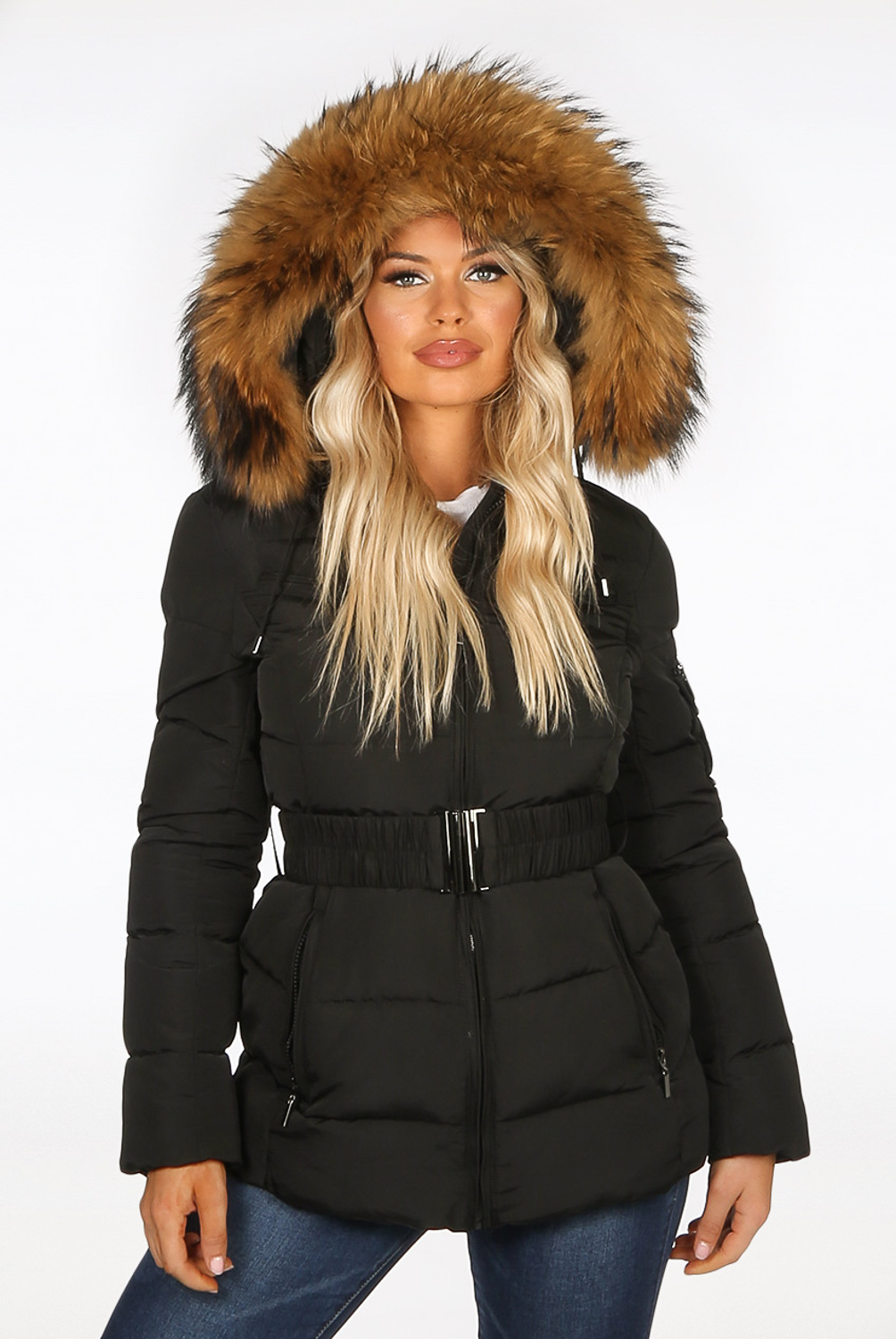 ladies puffer jacket with fur hood