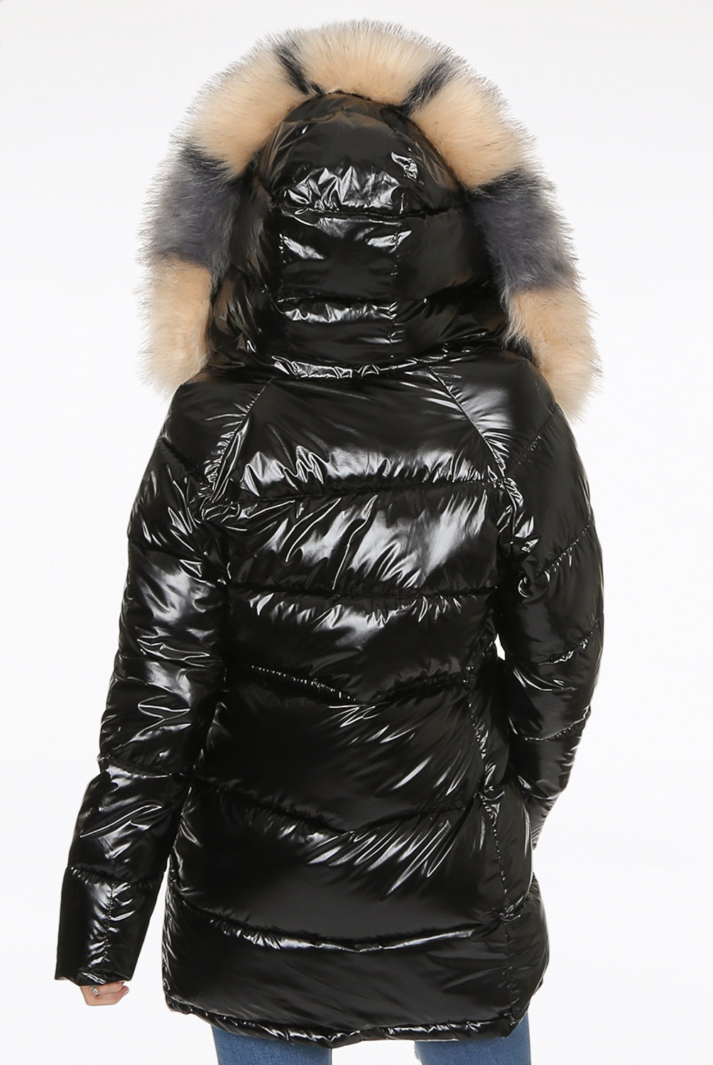 shiny black fur hood coat