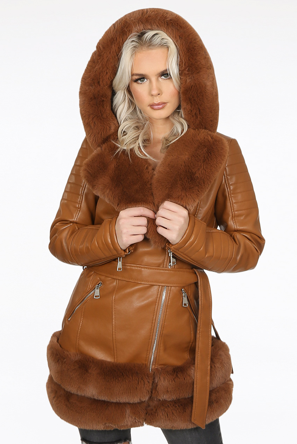 Camel faux leather down jacket with black and silver zipper, hood and laces  at the collar