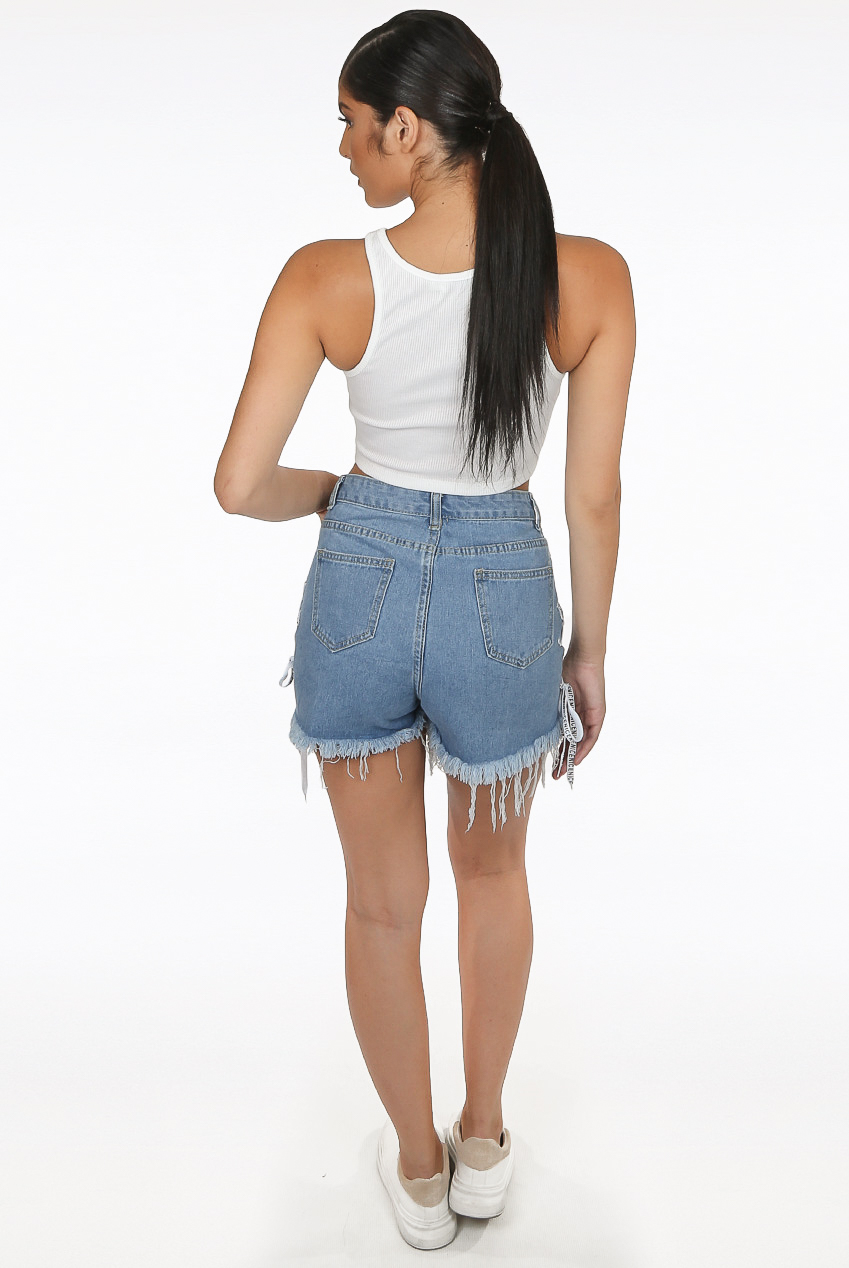 Lace Up Side Raw Hem Ripped Denim Shorts | SHEIN USA