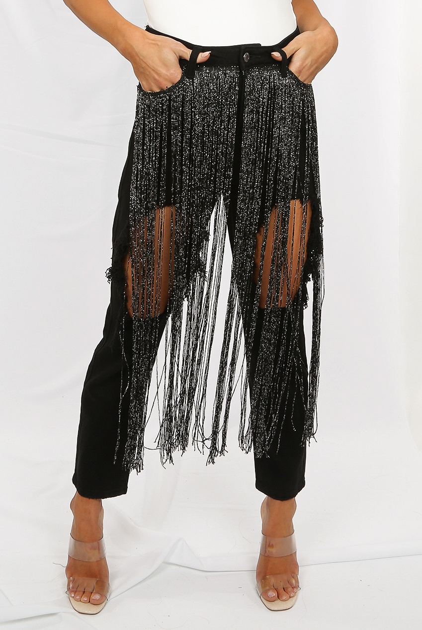 black fringe jeans