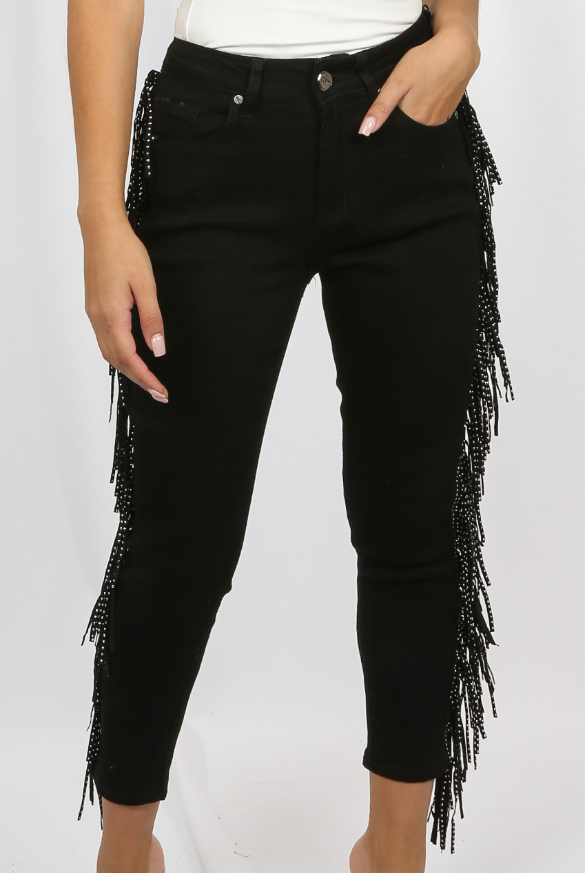black fringe jeans