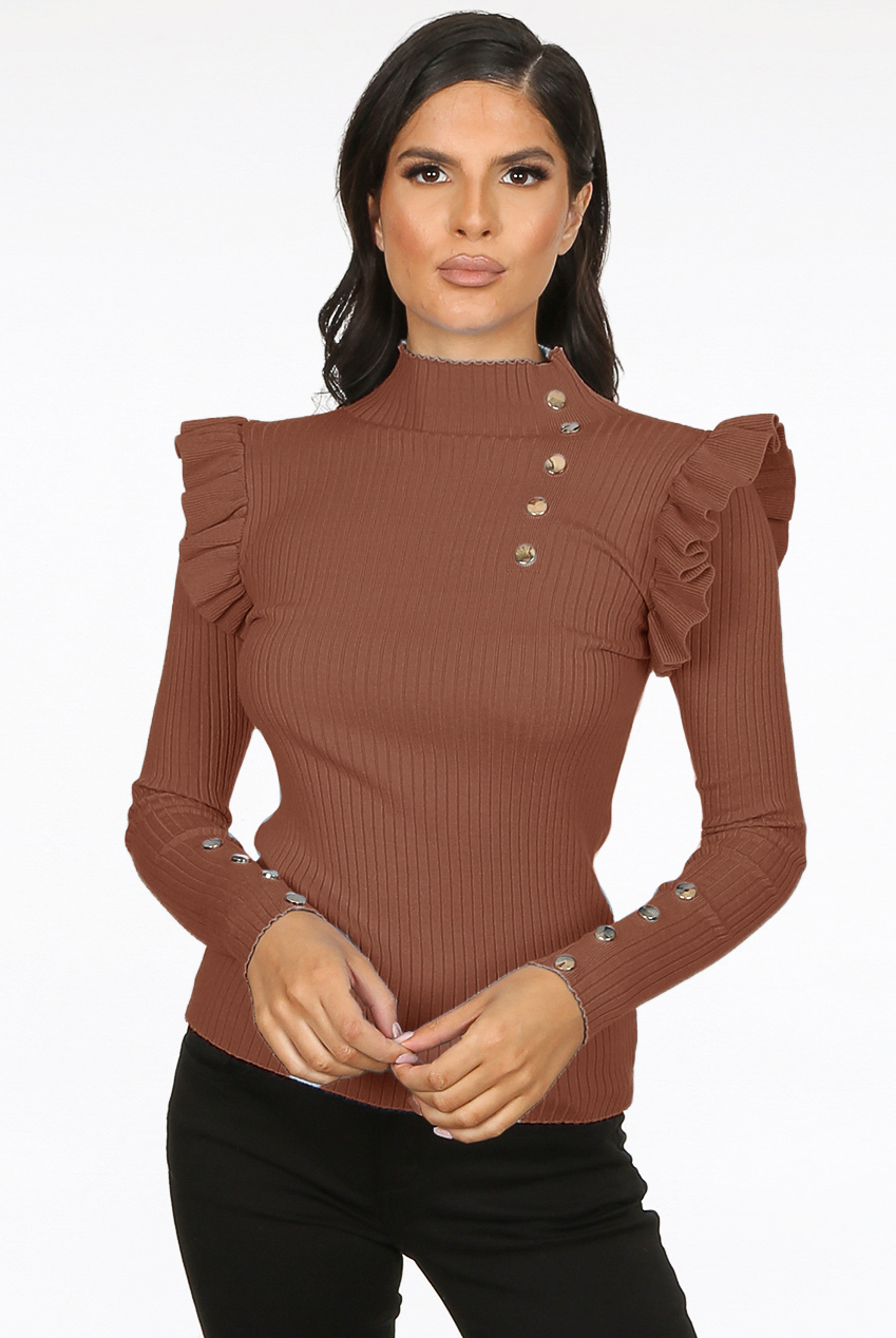 Button Frill Sleeve Ribbed Jumper- Buy Fashion Wholesale in The UK